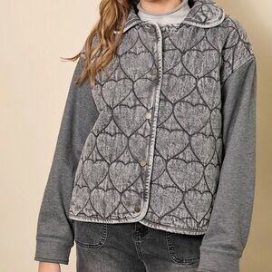 NWT Mystree Heart Quilt Acid Wash Denim Jacket Gray Medium Valentine’s Day